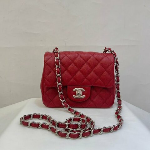 Chanel紅色銀釦荔枝牛皮CF方胖