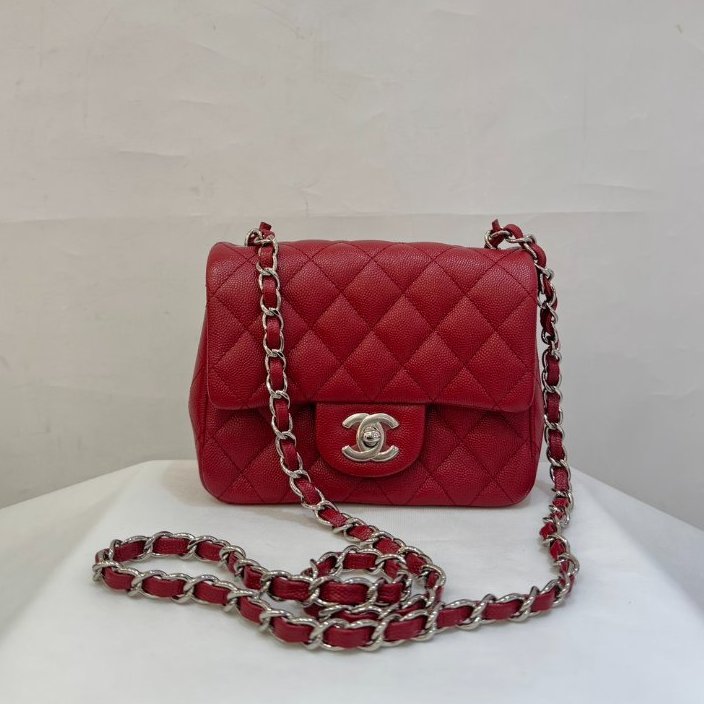 Chanel紅色銀釦荔枝牛皮CF方胖-0