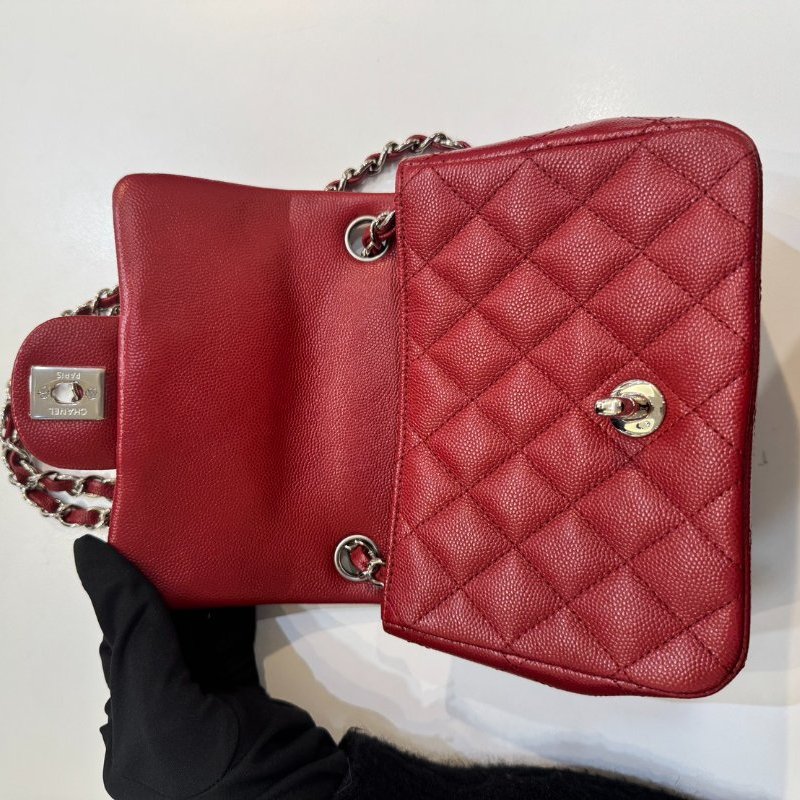 Chanel紅色銀釦荔枝牛皮CF方胖-7