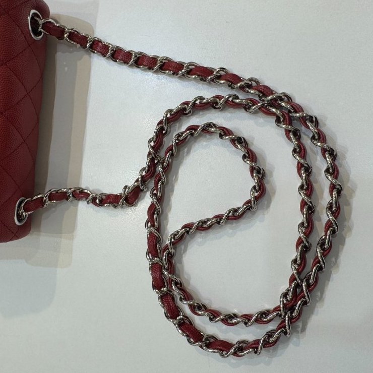 Chanel紅色銀釦荔枝牛皮CF方胖-9