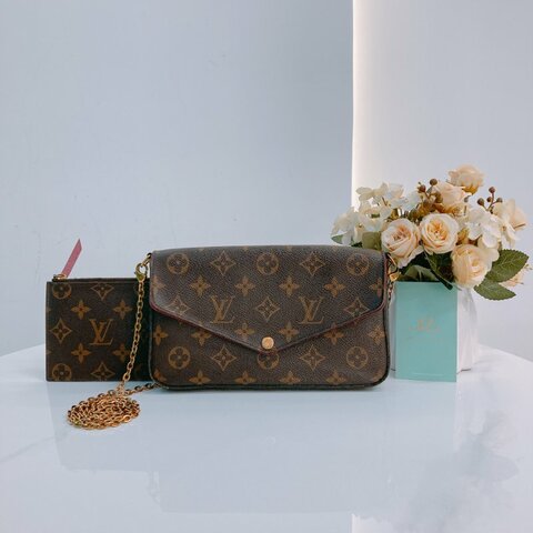 MS0499 Louis Vuitton 路易威登 鏈條錢包 帆布 老花 紅色 金扣 Pochette Felicie 2 In 1 Monogram With Red x GHW