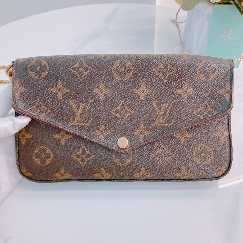 MS0499 Louis Vuitton 路易威登 鏈條錢包 帆布 老花 紅色 金扣 Pochette Felicie 2 In 1 Monogram With Red x GHW-11