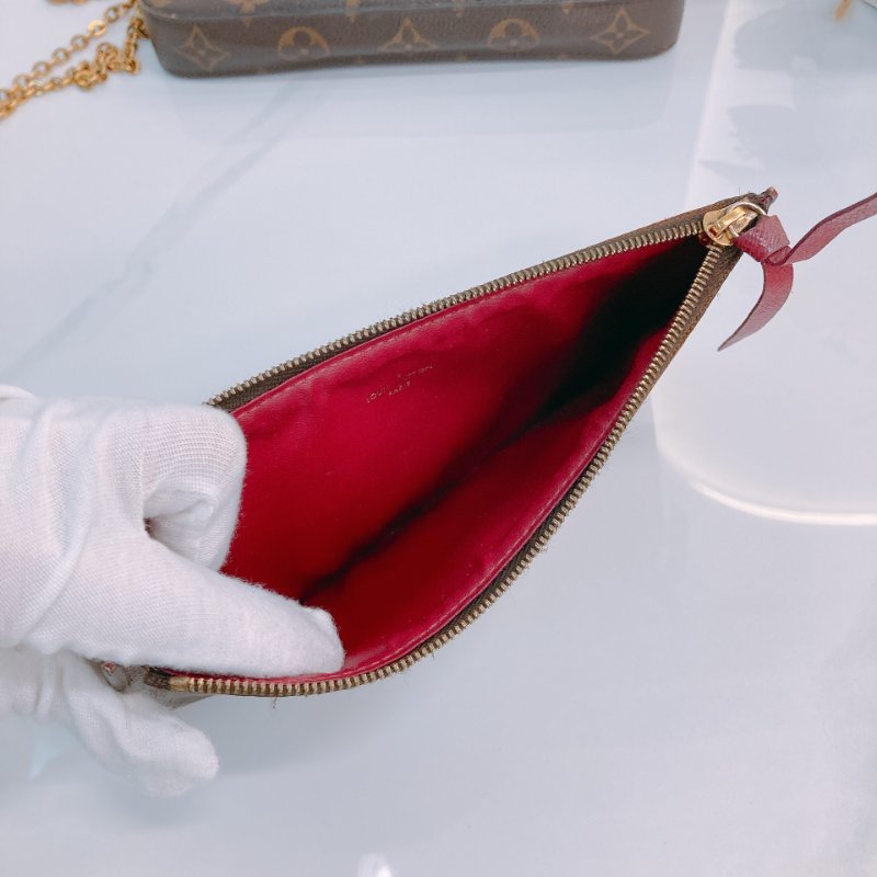 MS0499 Louis Vuitton 路易威登 鏈條錢包 帆布 老花 紅色 金扣 Pochette Felicie 2 In 1 Monogram With Red x GHW-17