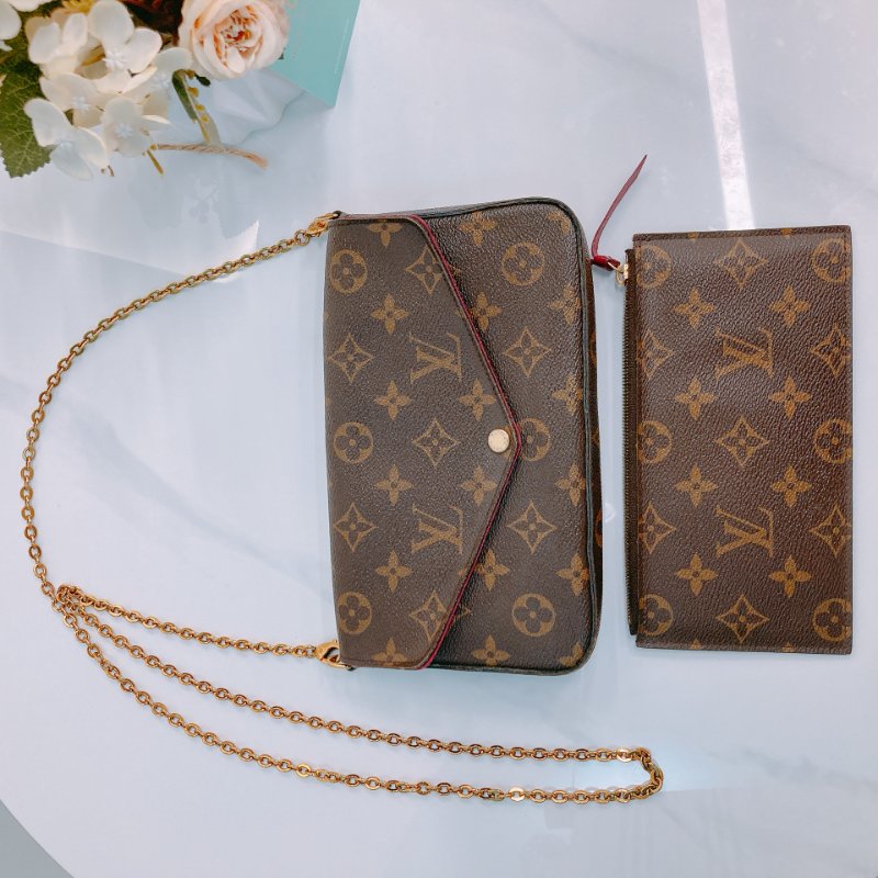 MS0499 Louis Vuitton 路易威登 鏈條錢包 帆布 老花 紅色 金扣 Pochette Felicie 2 In 1 Monogram With Red x GHW-18