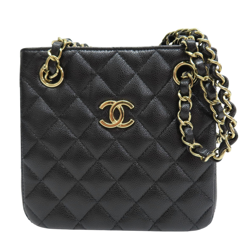 黑色 菱格紋 荔枝紋 牛皮 鏈帶肩背包 (金釦)【CHANEL 香奈兒】 AS3176-0