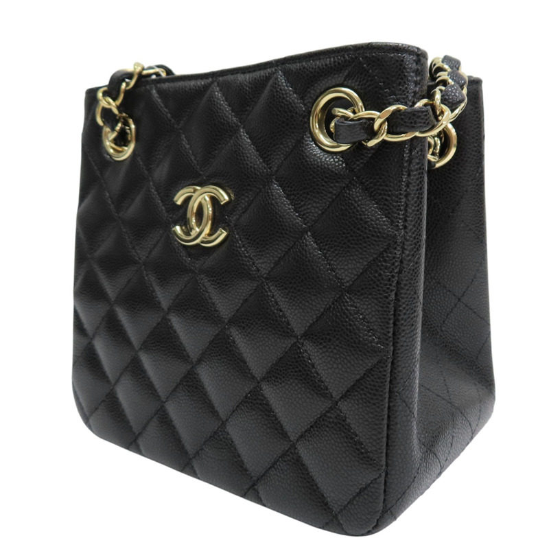 黑色 菱格紋 荔枝紋 牛皮 鏈帶肩背包 (金釦)【CHANEL 香奈兒】 AS3176-2