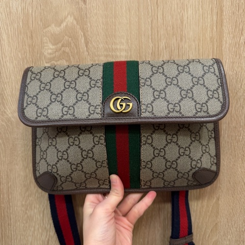 Gucci PVC咖牛皮Ophidia GG藍紅藍織帶胸口要包