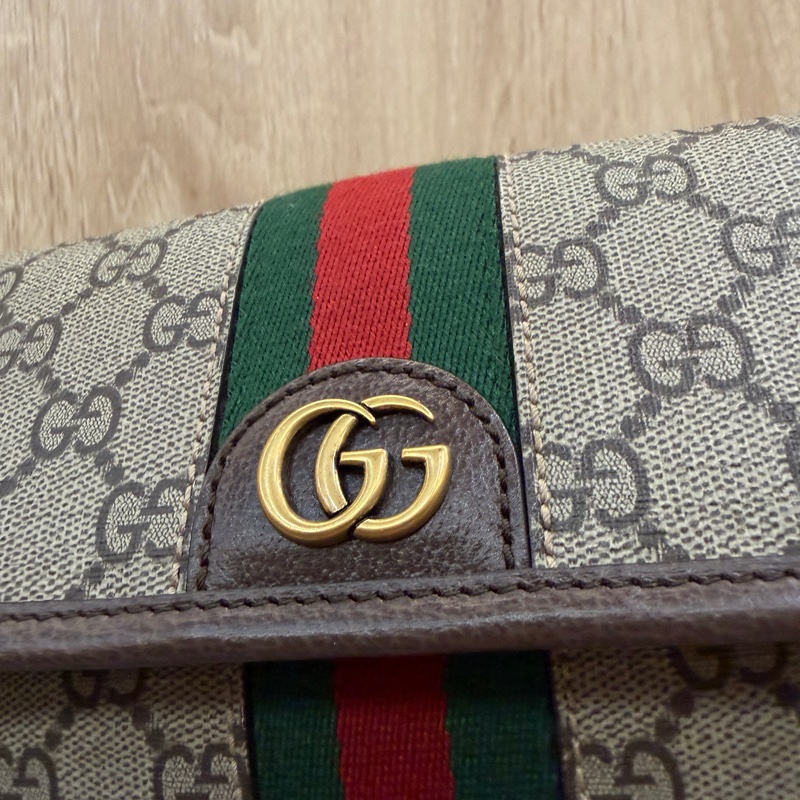 Gucci PVC咖牛皮Ophidia GG藍紅藍織帶胸口要包-1