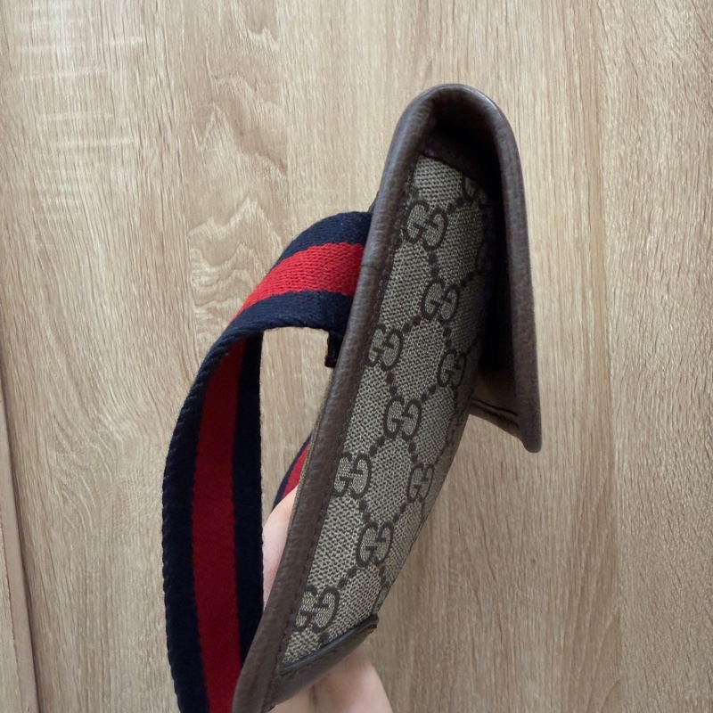 Gucci PVC咖牛皮Ophidia GG藍紅藍織帶胸口要包-3