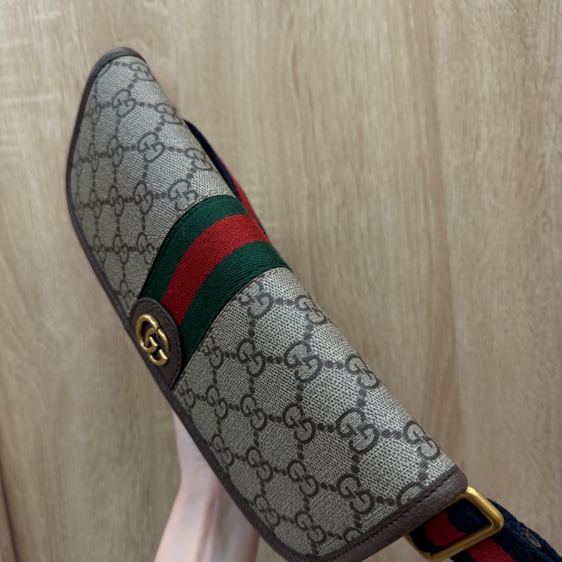 Gucci PVC咖牛皮Ophidia GG藍紅藍織帶胸口要包-4