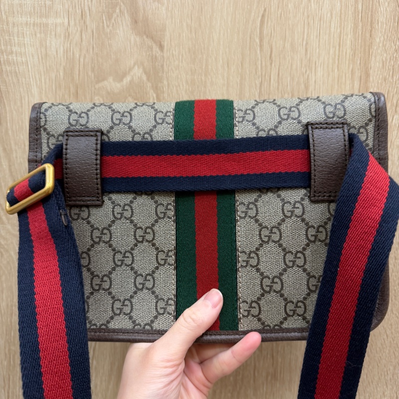 Gucci PVC咖牛皮Ophidia GG藍紅藍織帶胸口要包-5