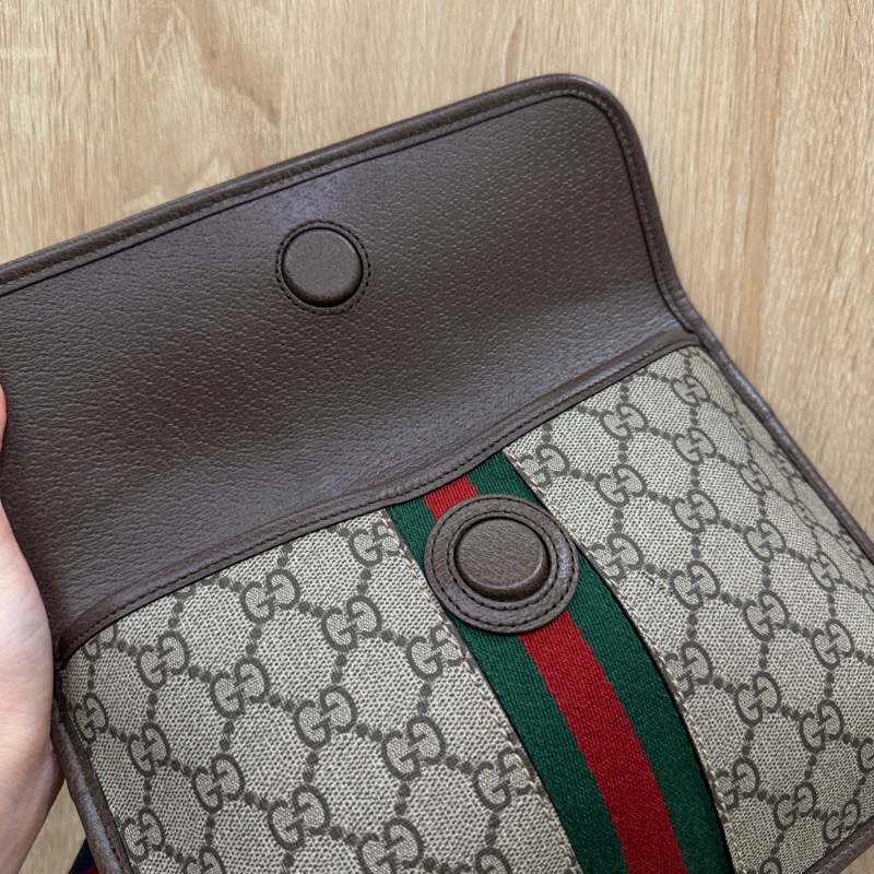 Gucci PVC咖牛皮Ophidia GG藍紅藍織帶胸口要包-9