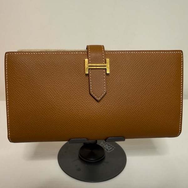 愛馬仕Bearn金棕色配金扣長夾-1