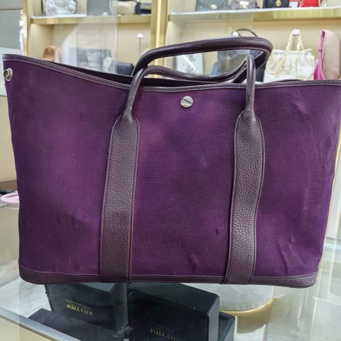 自用划算 ！ 愛馬仕 Hermès Garden Party 36 紫色 Toile×Negonda 托特包 銀扣 休閒大容量 帆布拼皮