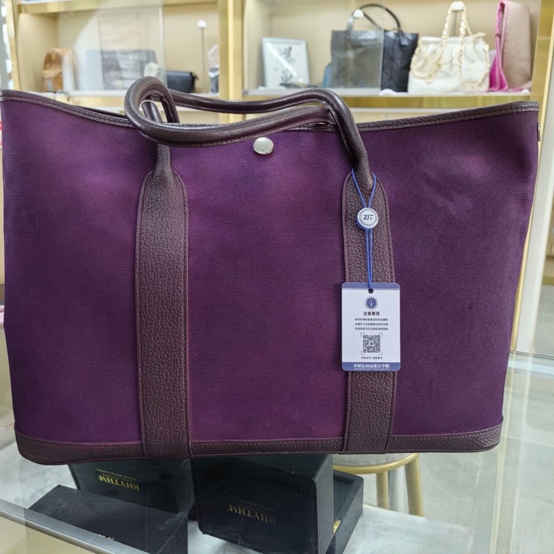 自用划算 ！ 愛馬仕 Hermès Garden Party 36 紫色 Toile×Negonda 托特包 銀扣 休閒大容量 帆布拼皮-1