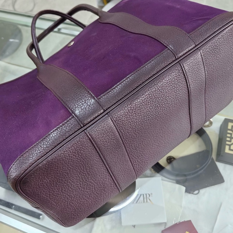 自用划算 ！ 愛馬仕 Hermès Garden Party 36 紫色 Toile×Negonda 托特包 銀扣 休閒大容量 帆布拼皮-3