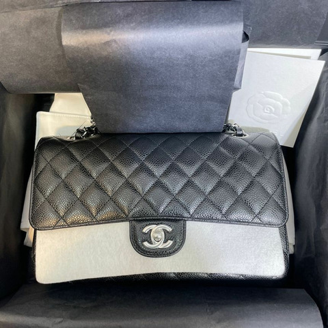 【包稅】CHANEL Caviar經典款中銀色鏈條單肩包 A01112