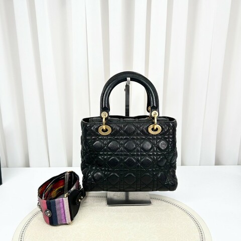 Bj hsj迪奧/Dior  黑金搭配油臘皮五格戴妃包 手提單肩斜挎包 重工長肩帶 限量款 時尚百搭