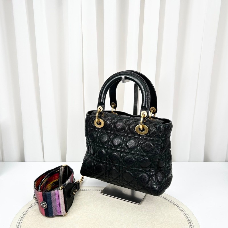 Bj hsj迪奧/Dior  黑金搭配油臘皮五格戴妃包 手提單肩斜挎包 重工長肩帶 限量款 時尚百搭-3