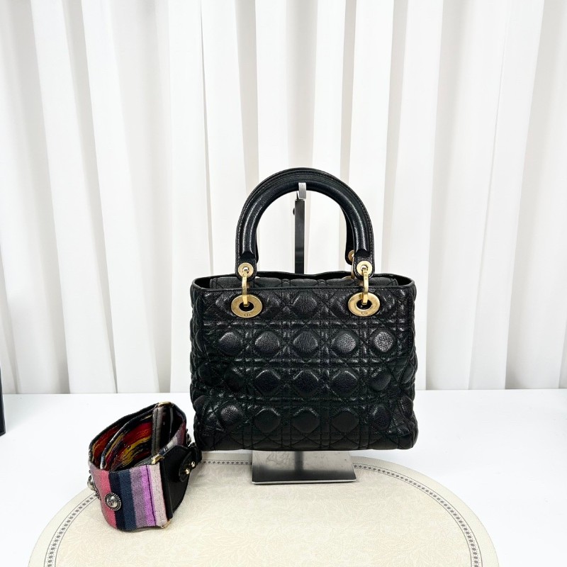 Bj hsj迪奧/Dior  黑金搭配油臘皮五格戴妃包 手提單肩斜挎包 重工長肩帶 限量款 時尚百搭-5