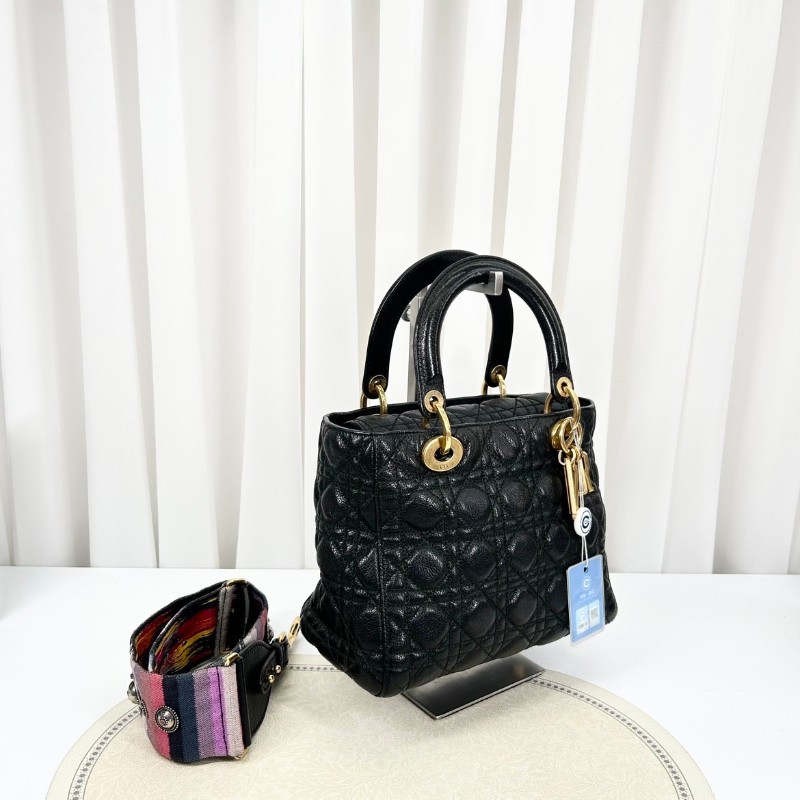 Bj hsj迪奧/Dior  黑金搭配油臘皮五格戴妃包 手提單肩斜挎包 重工長肩帶 限量款 時尚百搭-6