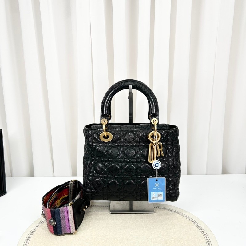 Bj hsj迪奧/Dior  黑金搭配油臘皮五格戴妃包 手提單肩斜挎包 重工長肩帶 限量款 時尚百搭-7