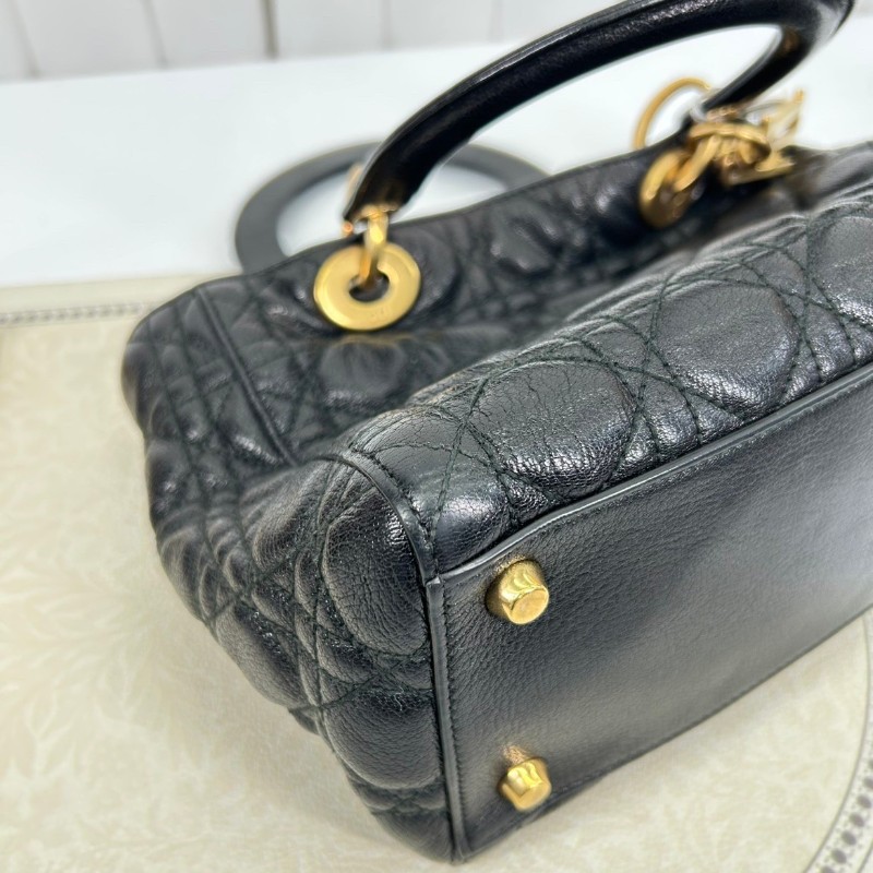 Bj hsj迪奧/Dior  黑金搭配油臘皮五格戴妃包 手提單肩斜挎包 重工長肩帶 限量款 時尚百搭-14