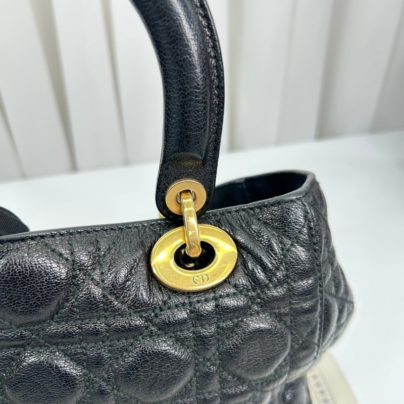 Bj hsj迪奧/Dior  黑金搭配油臘皮五格戴妃包 手提單肩斜挎包 重工長肩帶 限量款 時尚百搭-18