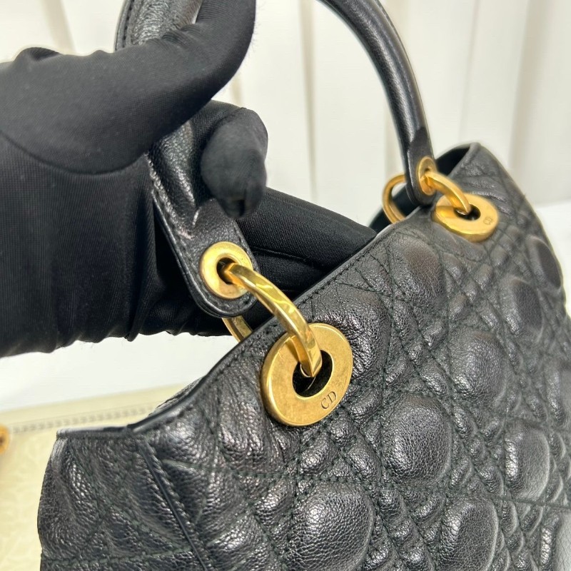 Bj hsj迪奧/Dior  黑金搭配油臘皮五格戴妃包 手提單肩斜挎包 重工長肩帶 限量款 時尚百搭-19