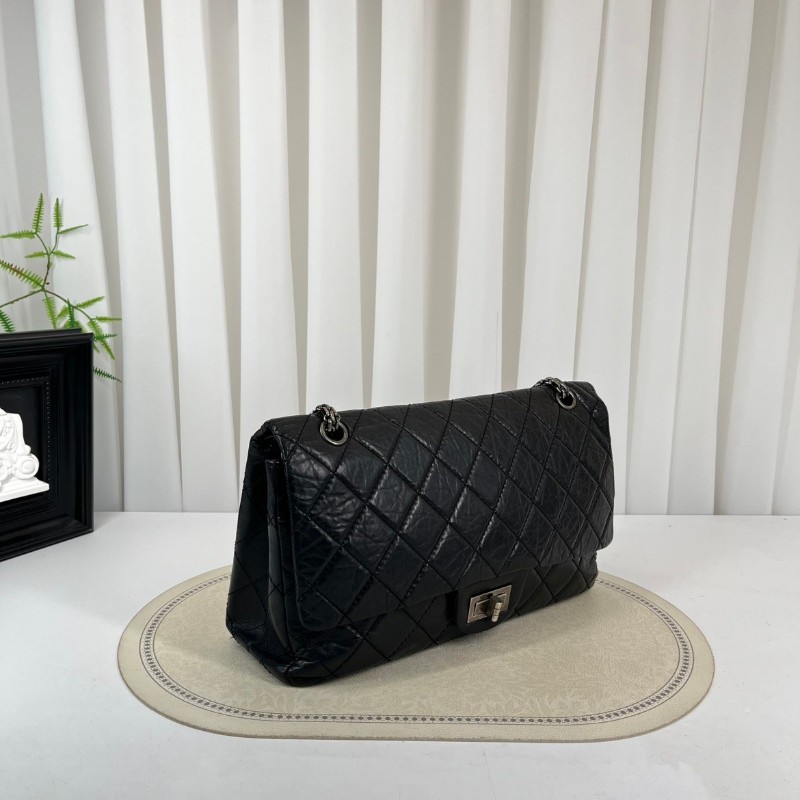 CHANEL香奈兒 12開 2.55大號 黑銀菱格油蠟牛皮雙蓋包 紅色內裡 容量大 經典款耐造百搭-3