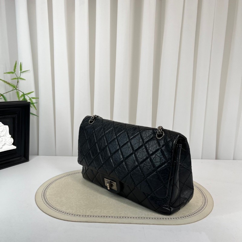 CHANEL香奈兒 12開 2.55大號 黑銀菱格油蠟牛皮雙蓋包 紅色內裡 容量大 經典款耐造百搭-4