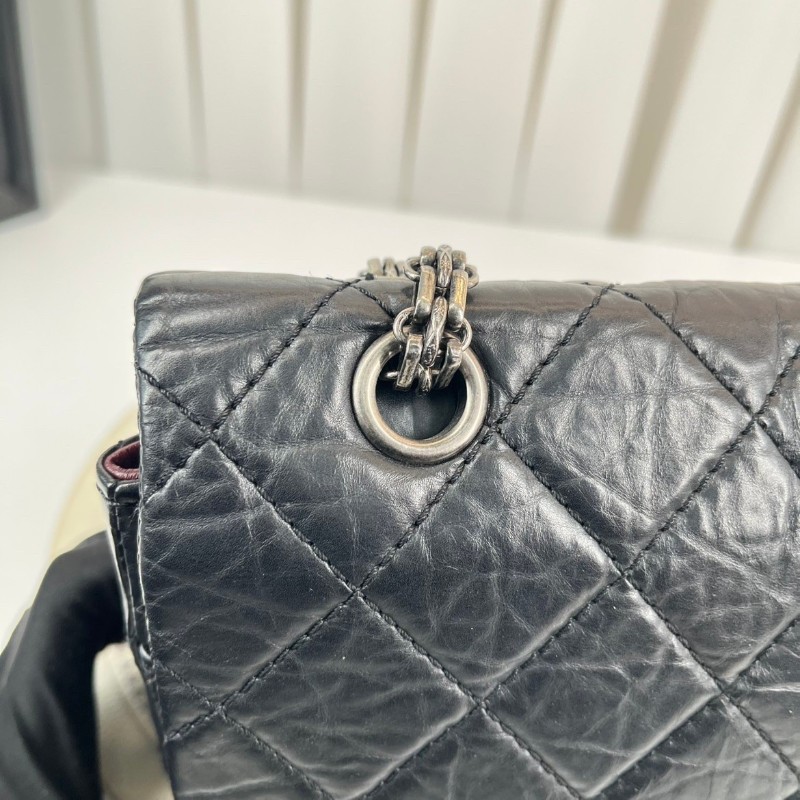 CHANEL香奈兒 12開 2.55大號 黑銀菱格油蠟牛皮雙蓋包 紅色內裡 容量大 經典款耐造百搭-13