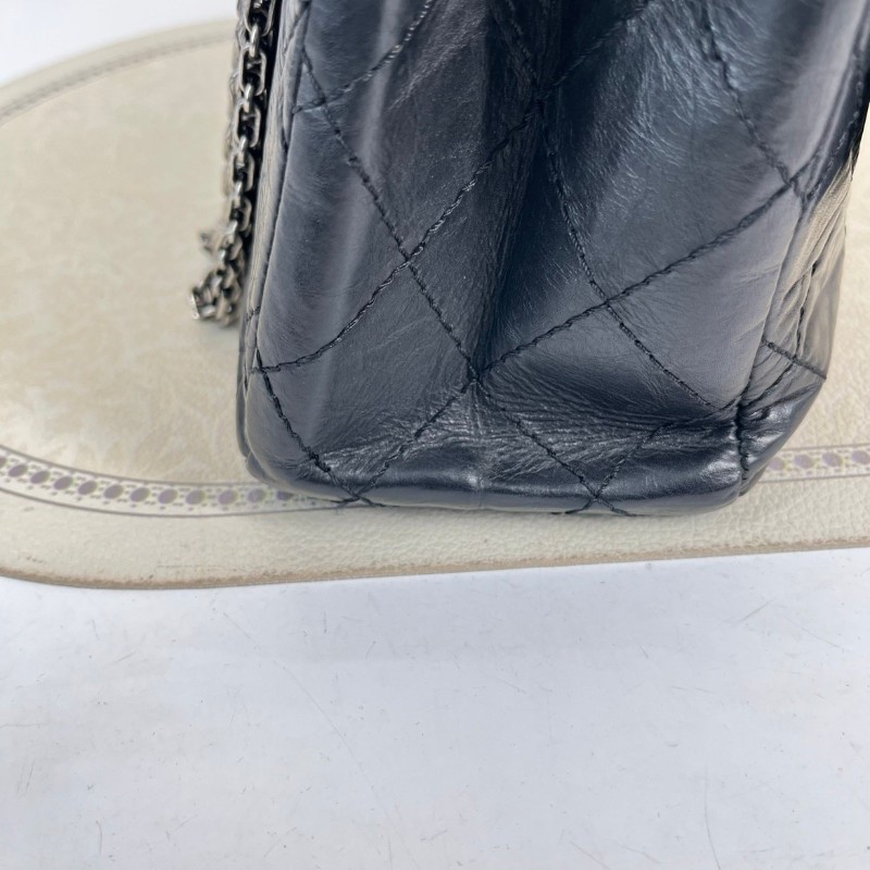 CHANEL香奈兒 12開 2.55大號 黑銀菱格油蠟牛皮雙蓋包 紅色內裡 容量大 經典款耐造百搭-20