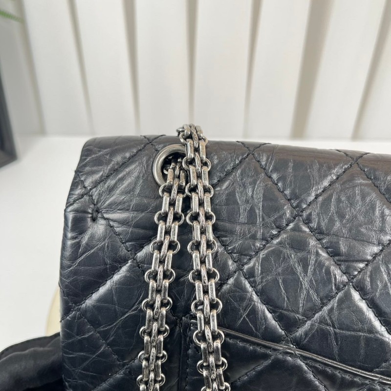 CHANEL香奈兒 12開 2.55大號 黑銀菱格油蠟牛皮雙蓋包 紅色內裡 容量大 經典款耐造百搭-24