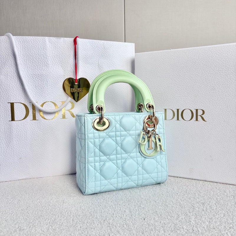 Dior 黛妃三格琺瑯扣手提斜背包藍綠拼色 淡金扣 羊皮  17*15*5 99新配件盒子塵袋購證-3