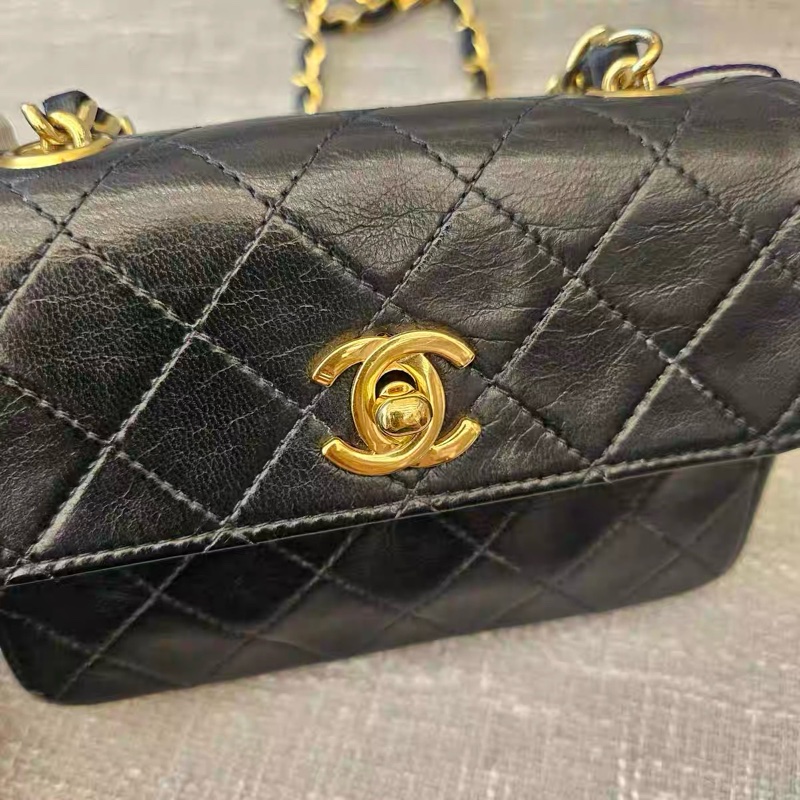 Vintage CHANEL 香奈兒 菱格紋 迷你鏈條包 黑金CC 經典小包 可肩背斜背-4