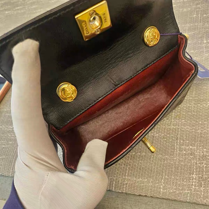 Vintage CHANEL 香奈兒 菱格紋 迷你鏈條包 黑金CC 經典小包 可肩背斜背-7