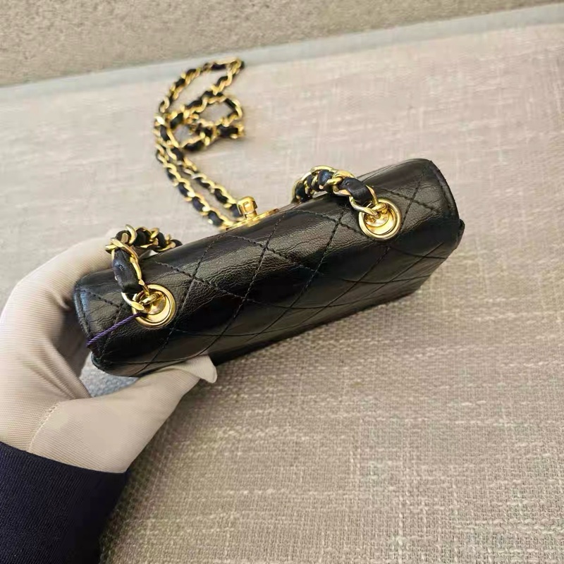 Vintage CHANEL 香奈兒 菱格紋 迷你鏈條包 黑金CC 經典小包 可肩背斜背-8