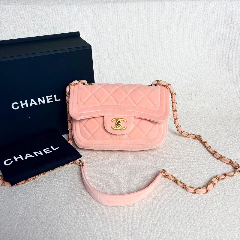 Chanel CF絲絨方胖子粉色 金扣芯片款 18*12*5.5 98新配件盒子塵袋-1