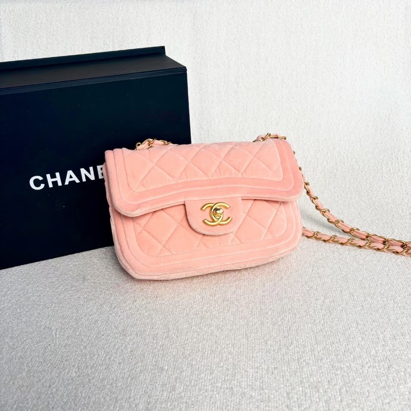 Chanel CF絲絨方胖子粉色 金扣芯片款 18*12*5.5 98新配件盒子塵袋-2
