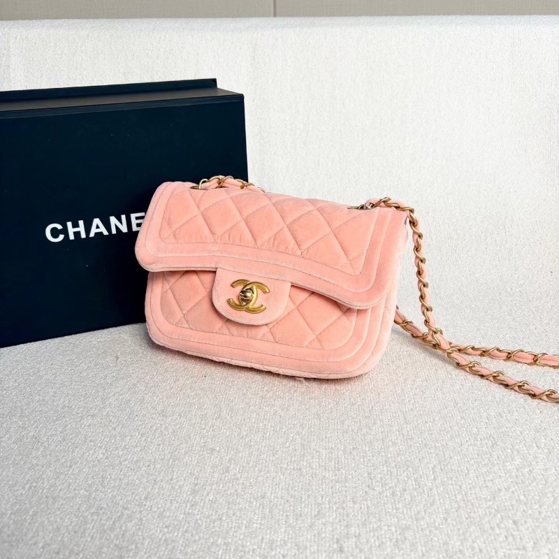 Chanel CF絲絨方胖子粉色 金扣芯片款 18*12*5.5 98新配件盒子塵袋-4