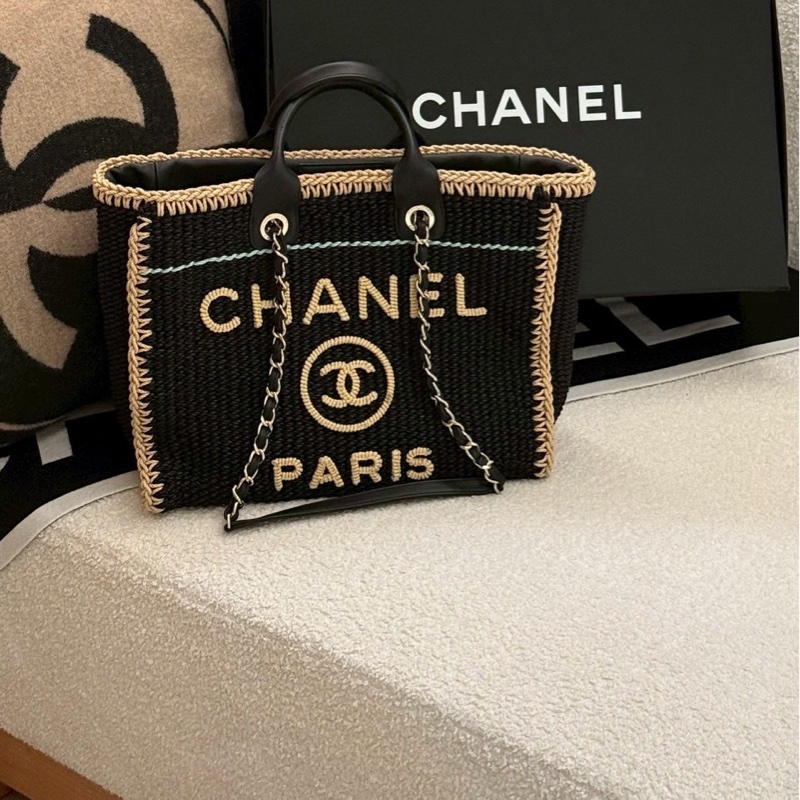 香奈兒編織海灘托特包/黑-8