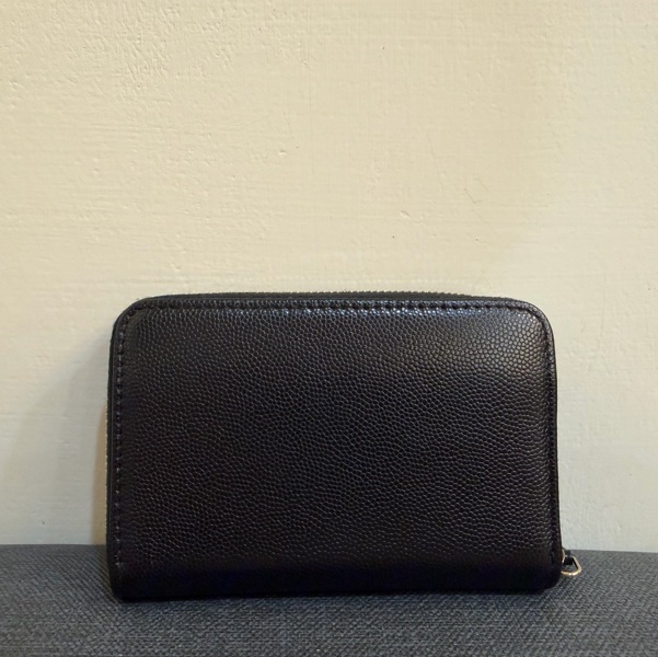 CHANEL 黑色荔枝牛皮淡金釦ㄇ型拉鍊新版零錢袋錢包AP4658-6