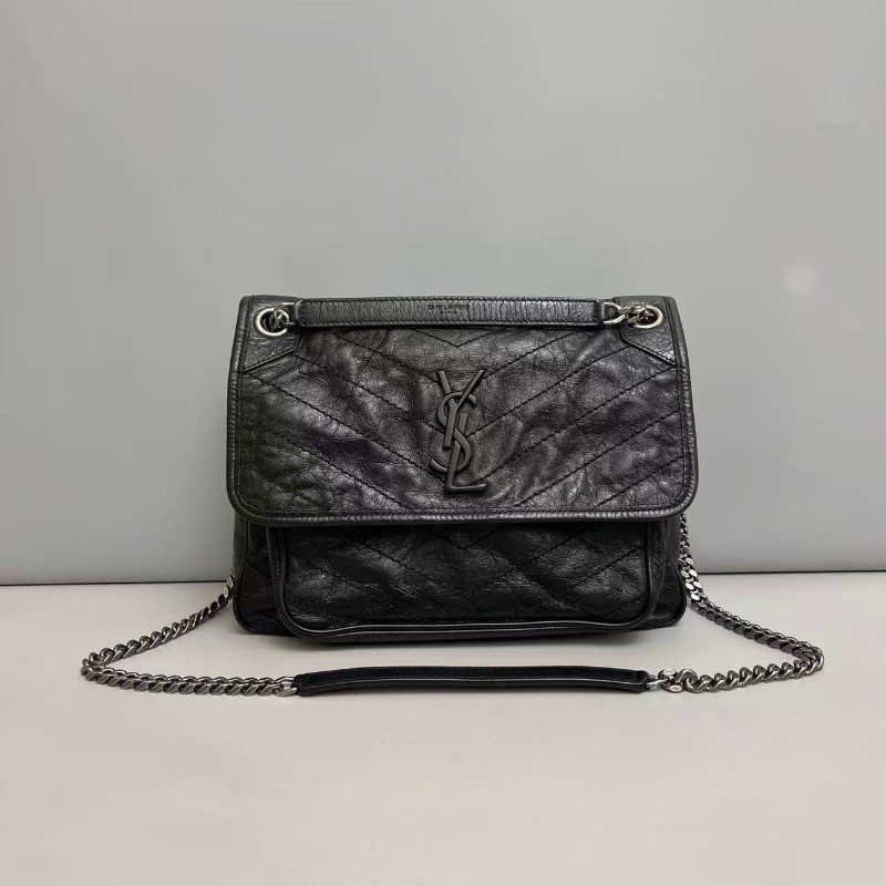 YSL Niki中號黑色銀鏈全皮郵差包-0