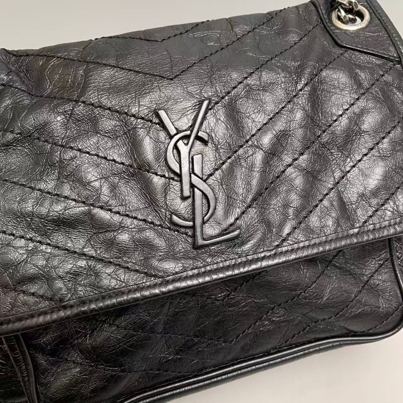 YSL Niki中號黑色銀鏈全皮郵差包-5