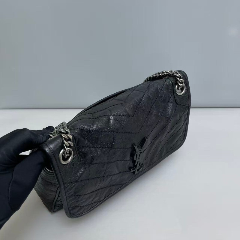 YSL Niki中號黑色銀鏈全皮郵差包-6