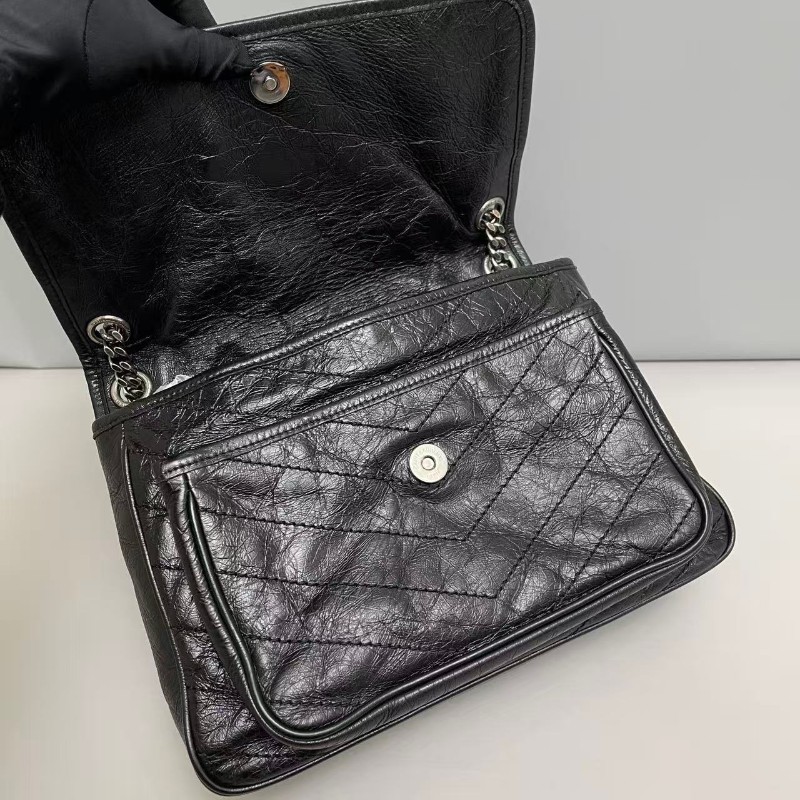 YSL Niki中號黑色銀鏈全皮郵差包-7
