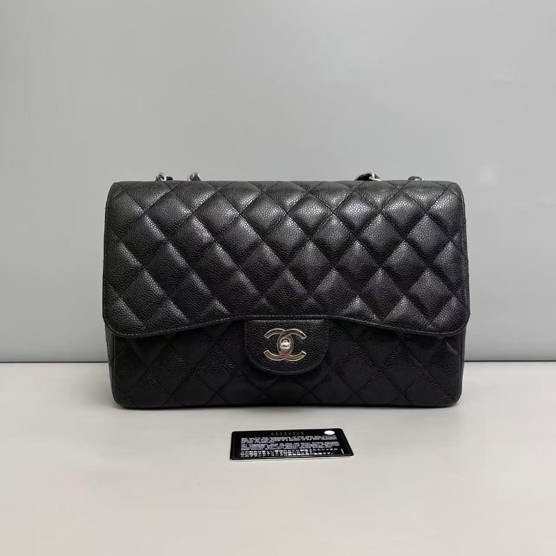 Chanel jumbo黑銀牛皮荔枝紋 肩背包斜背包-0