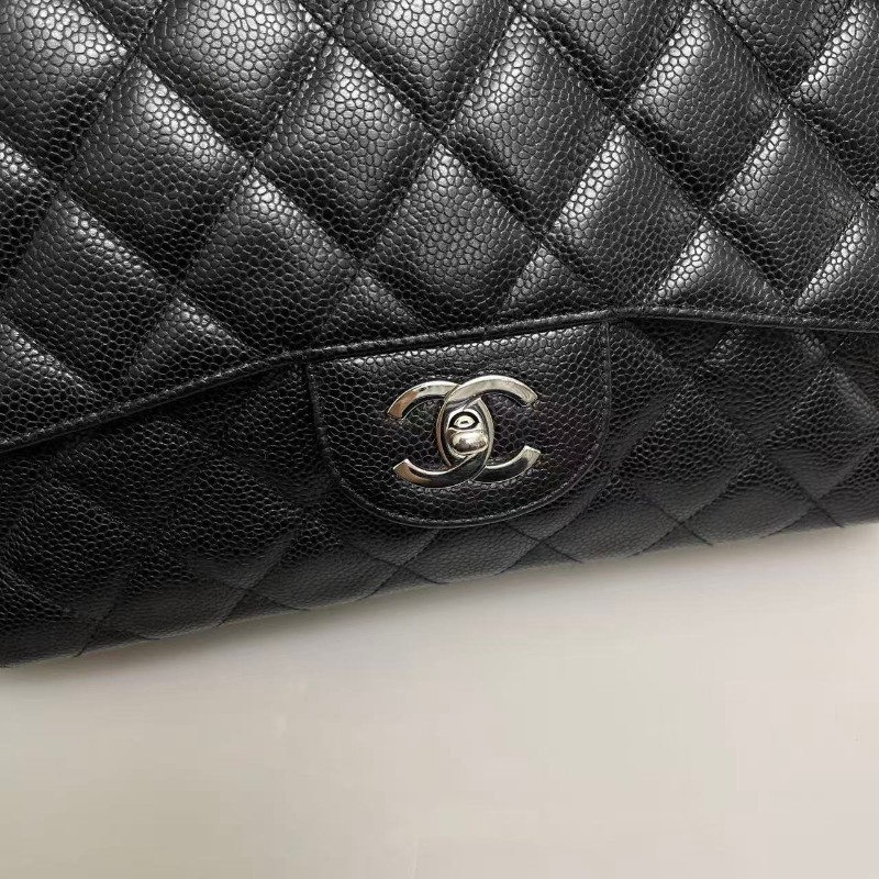 Chanel jumbo黑銀牛皮荔枝紋 肩背包斜背包-5