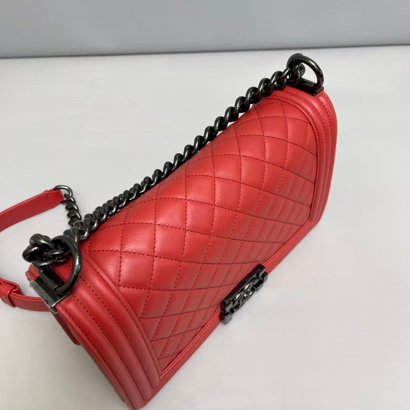 Chanel leboy中號紅色菱格牛皮-6